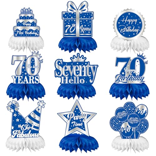 Auliuse Blue Silver 70th Birthday Honeycomb Centerpieces Party Decorations, 9Pcs 70th Birthday Table Toppers Party Decoration Supplies for Men Women Birthday - Cheer to 70 Years Old Birthday (70th)