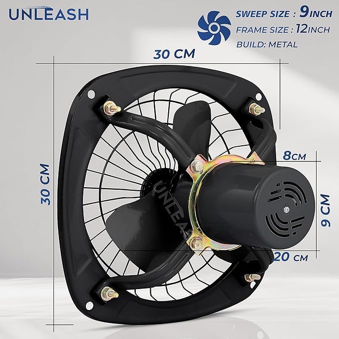 Image of Unleash Metal High Speed Exhaust Fan, 9 Inches (230mm), 55W, 3000RPM, Copper Winding Motor, Low Noise, for Bathroom and Kitchen | Warranty: 2 Years (Black)