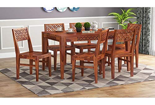 Furnifab CNC Cuting Sheesham Wood Dining Table 6 Seater | Wooden Dining Room Furniture 6 Chairs Teak Wood Dining Table Set Furniture for Dining Living Room Honey Teak Brown Finish