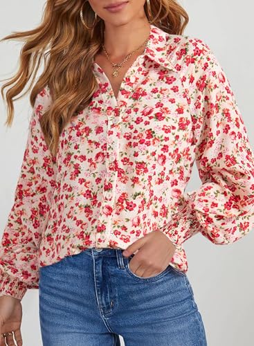 Dokotoo Women's Casual V Neck Allover Floral Print Long Sleeve Chiffon Button Down Blouses Bohemian Top Shirts - Image 3