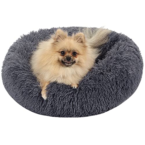 Neekor Cat Dog Beds, Soft Plush Donut Pet Bedding Winter Warm Sleeping Round Fluffy Pet Calming Bed Cuddler for Puppy Dogs/Cats, Size: Small/Medium/Large (Dark Grey/Medium)