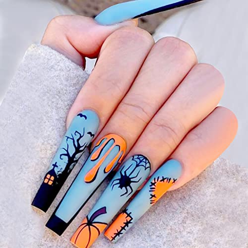 Fall Press on Nails Long Coffin Fake Nails Blue Halloween Pumpkin Spider Web Acrylic False Nails Full Cover Stick on Nails Nail Art Decorations for Women Girls 24Pcs