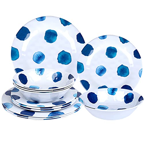 Aclema Melamine Dinnerware Sets 12 Pcs Dish Set Plates Bowls Unbreakable for Kitchen Dinner Outdoor Indoor Service for 4 Blue Dot