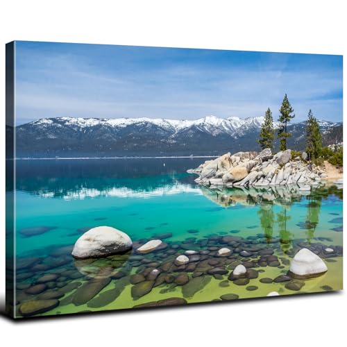 Lake Tahoe Wall Art Stunning California Emerald Bay Shore Photo Prints Cool Nature Scenery Canvas Framed Picture for Living Room Aesthetic Realism Scenic Poster Giclee Artwork Home Decorations 12x16”