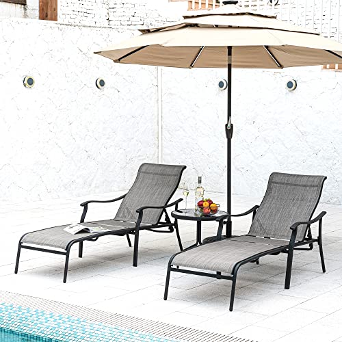 Happatio Patio Chaise Lounge Set 3 Pieces,Patio Lounge Chair With Glass Coffee Table,Pool Lounge Chair With Breathable Textilene Fabric,Patio Chaise Lounge Chair For Patio Backyard Poolside(Gray) #TOP7
