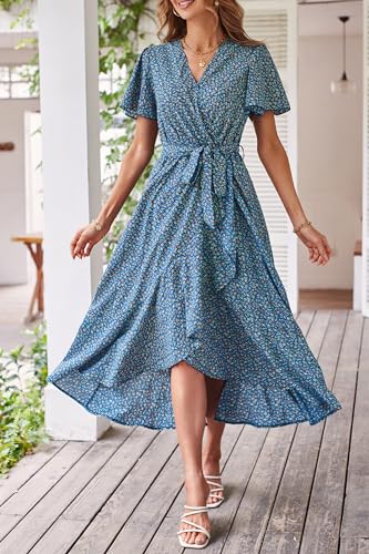Image of PRETTYGARDEN 2023 Women's Floral Summer Dress V Neck Short Sleeve Ruffle Hem A-Line Boho Maxi Dresses