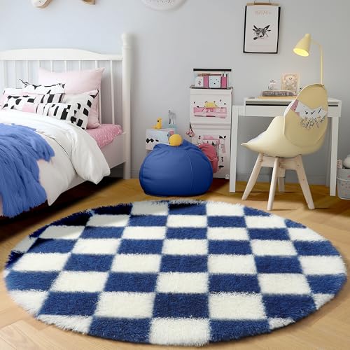 Image of KICMOR Round Rug 4ft for Bedroom, Soft Fluffy Circle Area Rug Cute Small Living Room Carpet, Blue and Cream White Fuzzy Shag Shaggy Checkered Circular Rug for Kids Room Nursery Home Decor Aesthetic