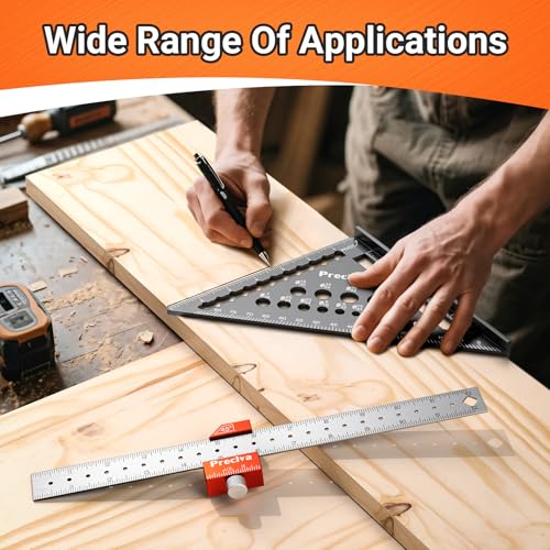 Preciva 2Pcs Aluminum Alloy Carpenter Square Set - 7" Rafter Square & 12" Combination Square | Precision Layout & Marking Tool for Woodworking Framing - Image 7