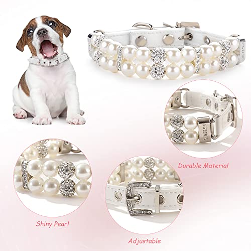Image of HOWWFALY Dog Cat Pearl Collars with Crystal Rhinestone PU Leather Collars Necklace Adjustable CollarDog Chain Cat White Pearl Pet Collar(White, Large)