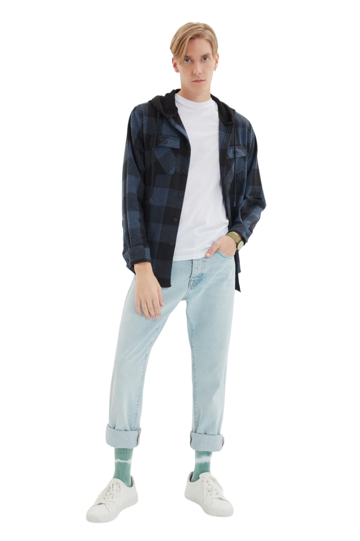 TrendyolMen Mens Relax Fit Hooded Lumberjack Plaid Double Pocket Capped Long Sleeve Shirt TMNAW22GO0081