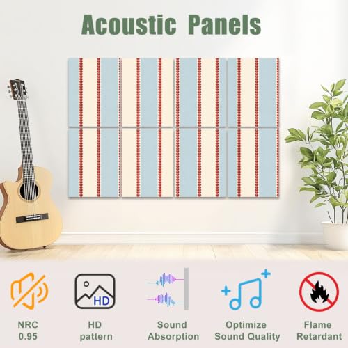 8 Pack Paneles Acústicos Artísticos Absorbentes de Sonido con Rayas Verticales Continuas en Azul Claro, Cremas y Rojo, Paneles Decorativos para Pared Aislantes Acústicos Autoadhesivos para Estudios de Grabación y Oficina 48"x32" miniatura 3
