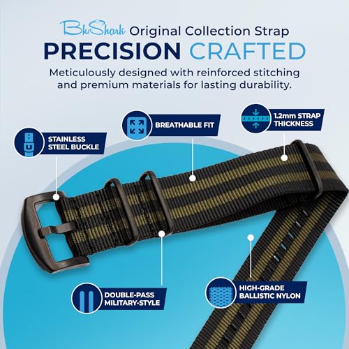 Image of BluShark - Original Collection Military-Style Waterproof Watch Strap, Fits All Timepiece Brands, Durable Nylon Wristwatch Accessories with Stainless Steel Buckle - 18mm, 20mm, 22mm & 24mm Watch Bands