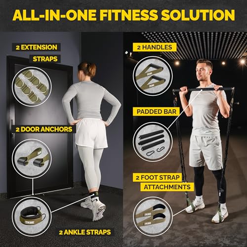Image of Tube Resistance Bands for Working Out Men and Women - 180lb Exercise Bands Set with Handles, Resistance Band Bar, Ankle Straps, Foot Straps, Door Anchor for Home Gym Strength
