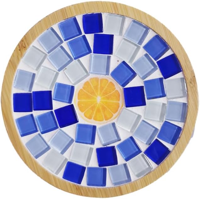 Decorative Mosaic Coaster with Bamboo Edge, Set of 7, Glass Brick Design Material Package with Geometric Pattern