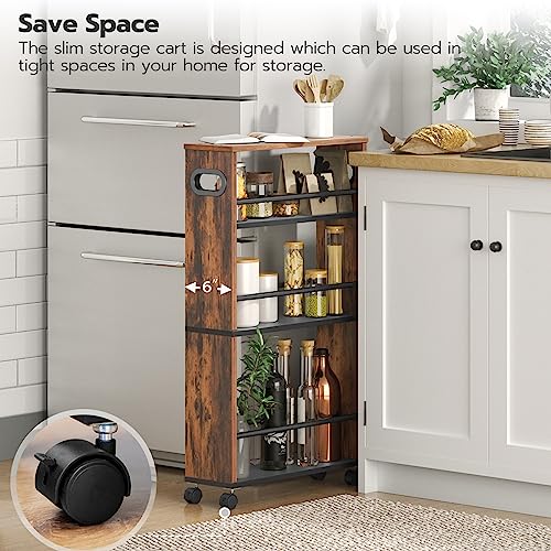 Hoobro 4-Tier Slim Rolling Cart, Storage Cart For Laundry Room, Narrow Kitchen Cart With Handle And Lockable Casters, Space Saving, Easy Assembly, For Kitchen, Bathroom, Rustic Brown Bf15Tc01 #TOP2