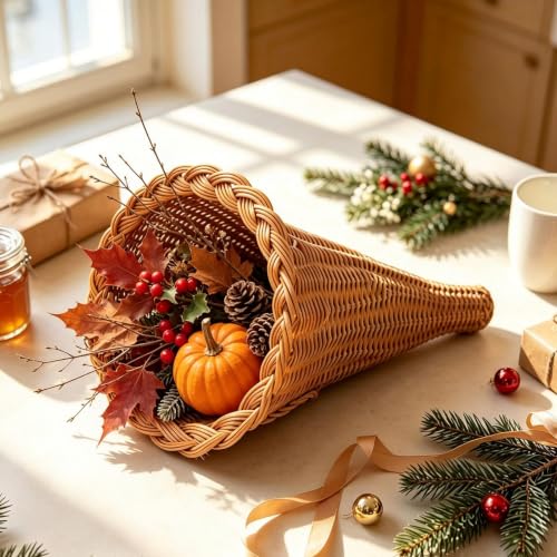 Lovskoo Rattan Cornucopia Basket 11" Fall Horn Of Plenty Woven Basket - image 1