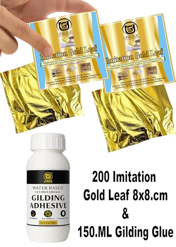 Image of UGLS Gold Leaf Sheets 200 Pack (8 cm x 8 cm) + Adhesive 150 ml - Gilding Glue - Golden Foil for Gilding, Epoxy Resin Art, Maysur Paintings, Arts & Crafts, DIY Gilding, Furniture Gilding