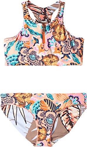 Image of Maaji Little Girl's High Neck with Zip Front Bikini Swimsuit Set Swimwear, Papaya Playa Orange Palm, 2
