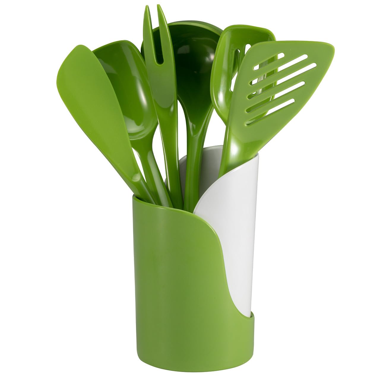 Hutzler Juego de 7 utensilios de cocina y vajilla de almacenamiento de melamina, incluye tenedor de 7.5 pulgadas de largo, cuchara ranurada, cuchara sólida, cucharón, esparcidor y espátula ranurada