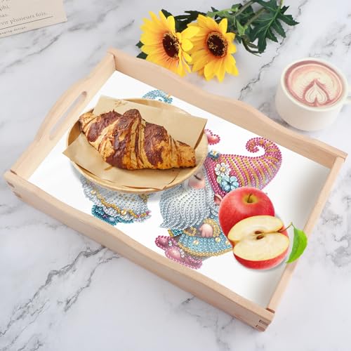 Image of DIY Diamond Art Tray with Handle Diamond Art Painting Plate Creative Design Handmade Wooden Tray Mosaic Making Kits by Number Kits Diamond Art for Coffee Living Room Home Organizer (Nice Kiss)
