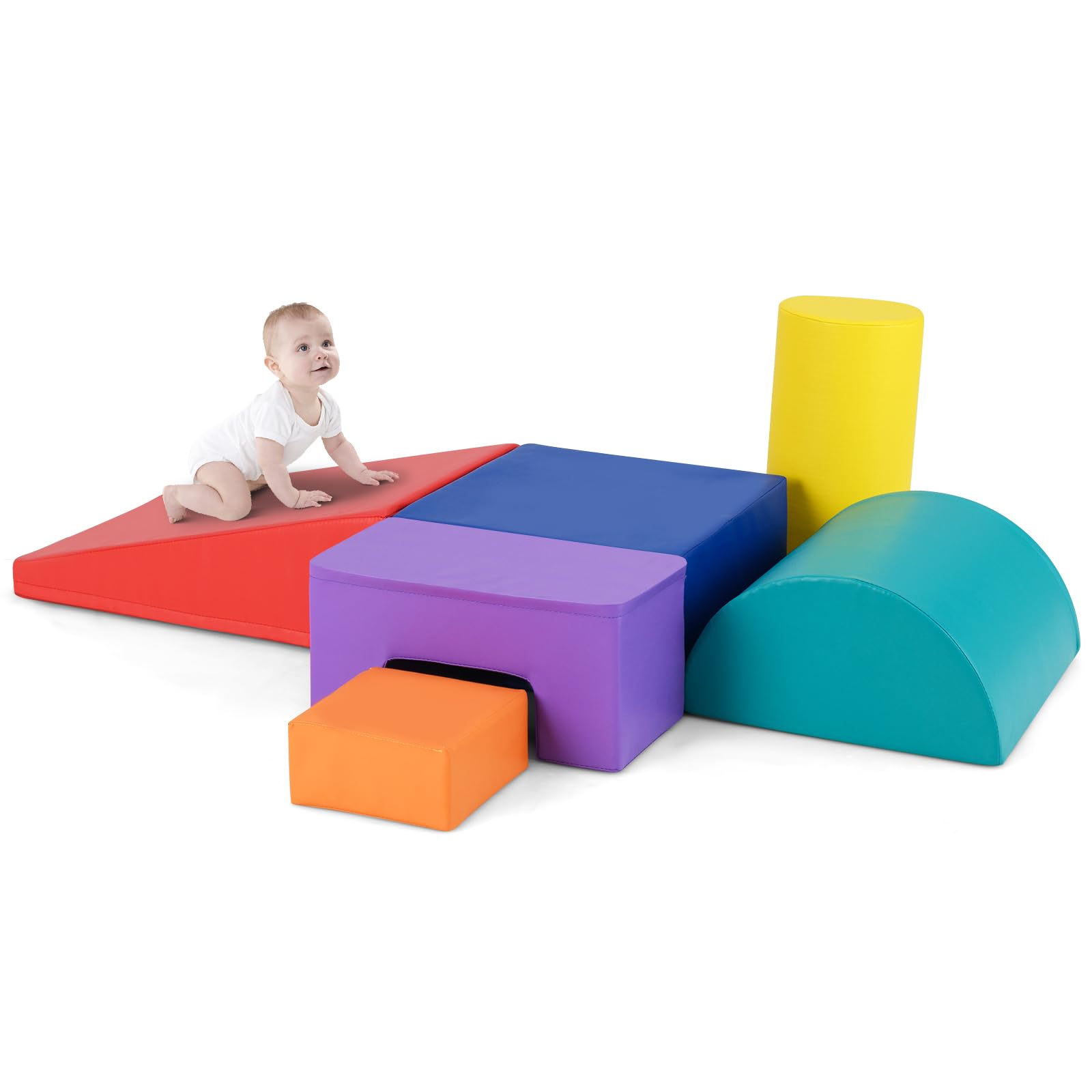 GYMAX Soft Play Equipment, 6-Piece Kids Activity Set, Baby Soft Foam Blocks Interactive Toy for Climbing, Sliding & Crawling (Primary)