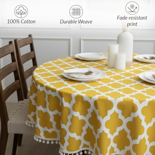 Image of HOMEMONDE Cotton Premium Dining Round Table Cover with White Border Pom-Pom, 45 x 45 Inches Geometric Printed Table Cloth 4 Seater, Round Table Cover - (114x114 CM, Yellow)