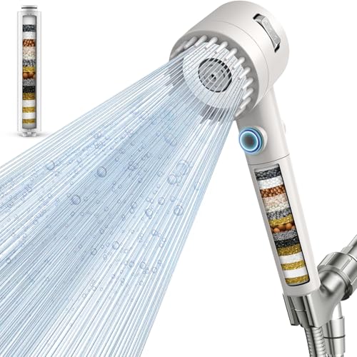 Filtered Shower Head with Handheld, High Pressure 5-Spray Shower Head with Filters for Hard Water, ON/OFF Switch Showerhead for Pets Bath, Shower Heads with Stainless Steel Hose Remove Chlorine
