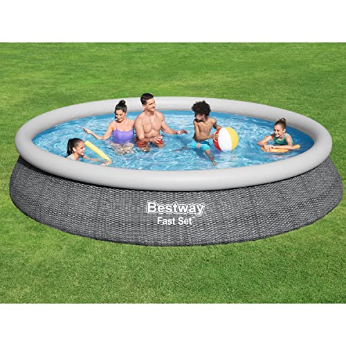 Bestway Fast Set 15' X 33" Round Inflatable Outdoor Above Ground Swimming Pool Set With 530 Gallon Filter Pump And Repair Patch, Gray Rattan #TOP3