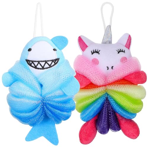HEMOTON Esponjas de Baño Infantiles 2 Unidades Diseño de Unicornio Rosa y Tiburón Azul Esponja Exfoliante Suave para Ducha y Limpieza Corporal Lufa Divertida