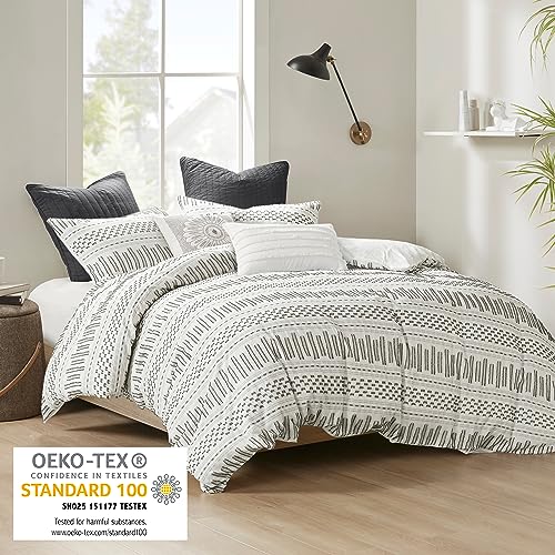 Image of INK+IVY Luxurious Cotton-Bedding Set - Mid Century Trendy Geometric Design, All Season Cozy-Cover With Matching-Shams, Full /Queen, Rhea Jacquard Ivory /Charcoal