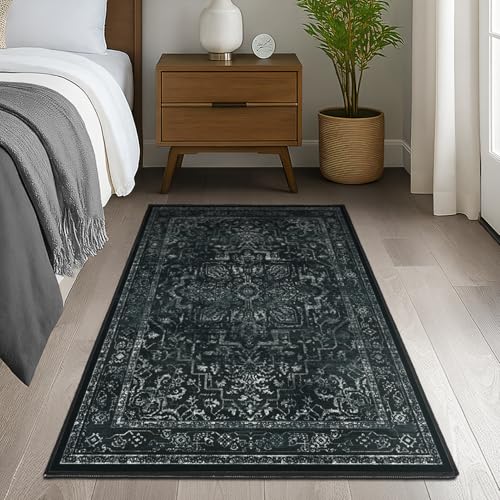 Jainmy Black Distressed 3x5 Area Rugs for Entryway Foyer, Washable Non Slip Low Pile Throw Rugs for Kitchen, Dark Vintage Medallion Pinted Carpet for Bedroom/Bathroom/Closet/Dorm/Home Office by Jainmy - Used condition - Image 4