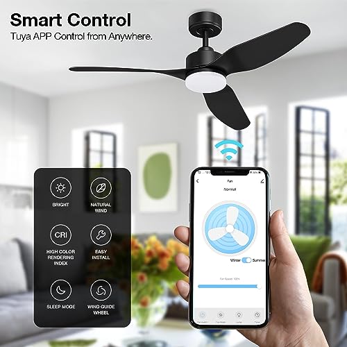 Image of Hoenofly 48 inch Smart Ceiling Fans with LED Lights Remote,Quiet DC Motor,Dimmable,Outdoor Indoor Modern Ceiling Fan Controlled by WIFI Alexa App,3 Black Blades for Bedroom Living Room Patio Porch