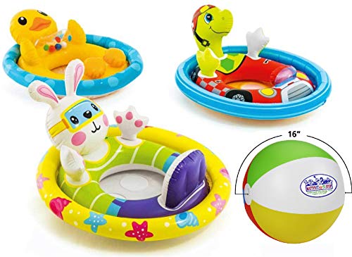 See Me Sit Pool Rider Floats Duck, Bunny & Racing Turtle Gift Set Bundle with Bonus Matty's Toy Stop 16" Beach Ball - 3 Pack