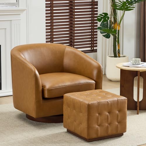 AEDI Genuine Leather Swivel Chair & Ottoman Set, Modern Barrel Accent Chair, Light Camel