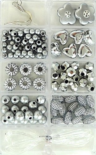 Fiona Plastic Bead Box with Assorted Silver Plastic Beads and Components, 2.75 by 3.75-Inch with FREE spacers and charms