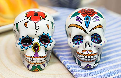 Ebros DOD Love Never Dies Day Of The Dead Floral Rose Heart Lock Sugar Skulls Salt And Pepper Shakers Set Ceramic Earthenware Kitchen Countertop Dining Table Accent Decor