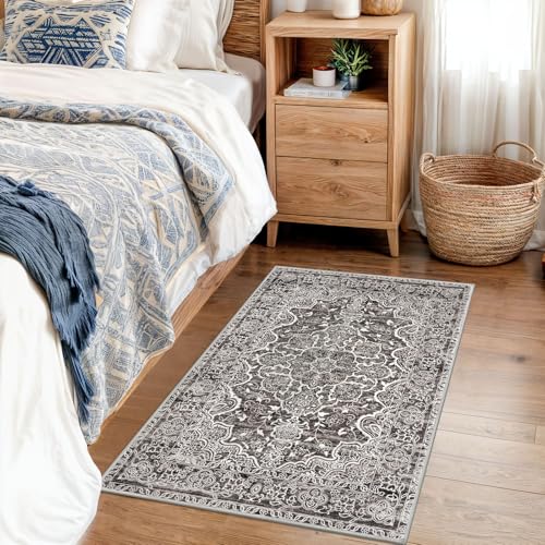 KUTA Vintage Small Area Rug 2x3 Tan Grey Washable Vintage Entryway Rugs Non-Slip Ultra Soft Floral Doormat Printed Retro Distressed Carpet Accent Farmhouse Kitchen Throw