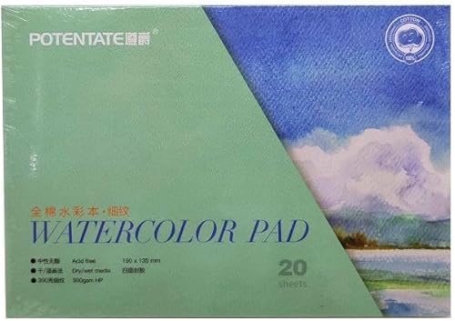 Potentate 300GSM 100% Cotton Hot-Pressed Watercolour Block Pad 20 Sheets, 13.5 cm x 19.5 cm Size