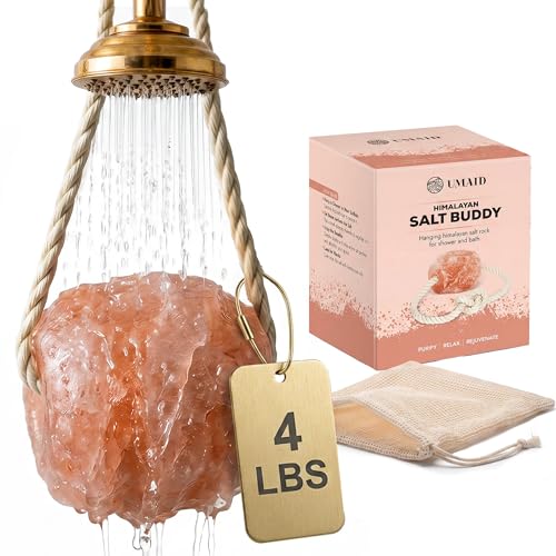 UMAID Himalayan Pink Salt Rock for Shower & Bath – Salt Buddy® 4 lb Hanging Mineral Stone for Spa-Inspired Relaxation, Self-Care & Bath Soaks, Unique Wellness & Home Spa Gifts for Men & Women
