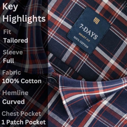 Image of 7-DAYS Men's Premium Check Shirt - 100% Cotton, Tailored Fit (Between Slim & Regular), Full Sleeve, with Pocket - Smart Office & Casual Look