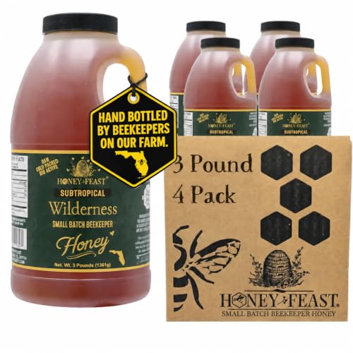 HONEY FEAST Subtropical Wilderness Honey 3 Pounds (Pack of 4), Raw &amp; Unfiltered – Small-Batch Beekeeper Craft Treasure