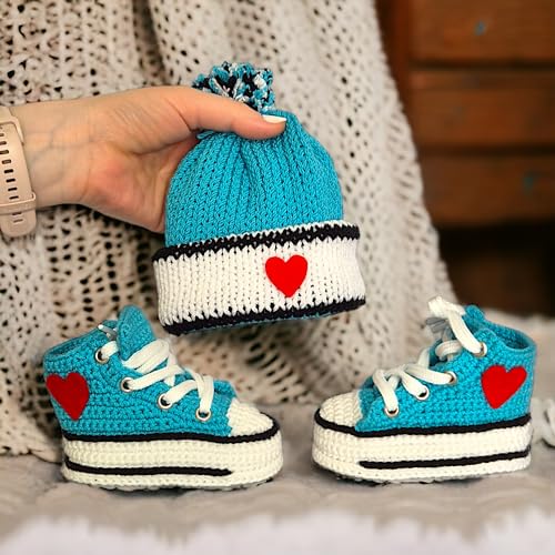 Turquoise Crochet Baby Booties & Beanie Set, Newborn Custom Sneakers, Handmade Infant Shoes, Soft Sole Knit Baby Boots, Newborn Baby Gift2