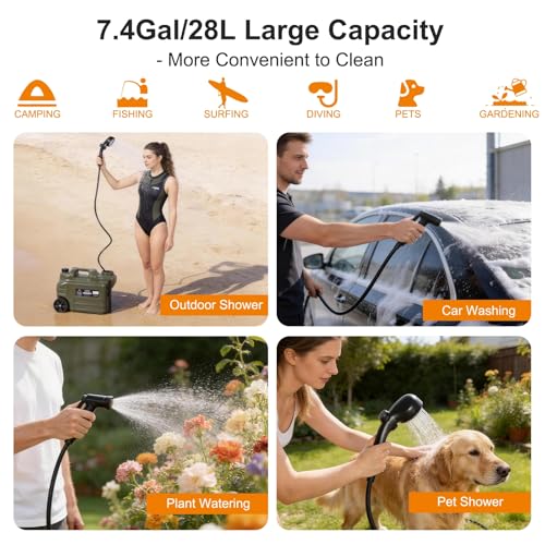 Ducha portátil para camping, kit de ducha con recipiente de 28L, bomba de 6000mAh, cabeza de ducha y boquilla, ideal para exteriores, viaje, senderismo, RV, baño de mascotas, auto y plantas miniatura 2