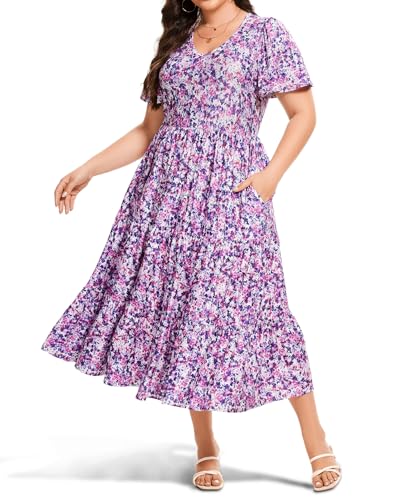 Women's 2025 Plus Size Casual Dress Floral Tiered V-Neck Aline Short Sleeve Summer Maxi Dresses with Pockets