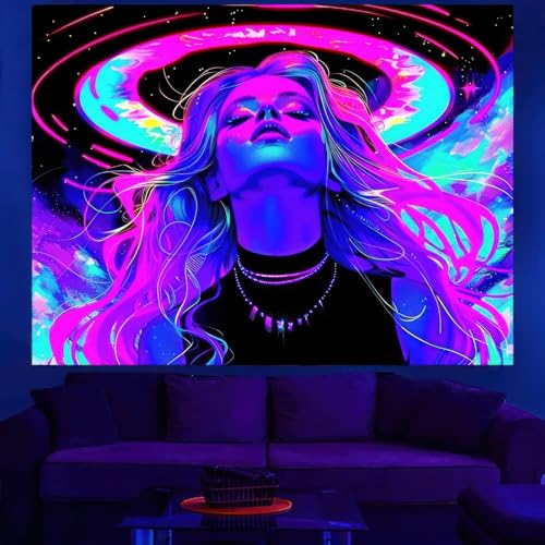 Image of BlissYard Blacklight Tapestry Bedroom Anime Girl Blacklight Tapestry 78x59 Inch Aesthetic UV Reactive Purple Tapestries Glow In The Dark Art Wall Hanging Poster Room Bedroom Party Backdrop Decor