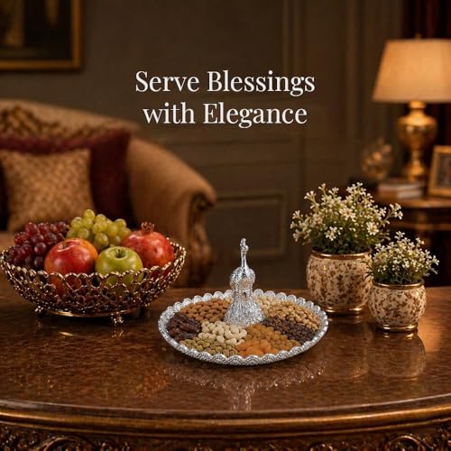 Image of Diviniti German Silver Peacock Decorative Tray for Home Decor | Luxury Dry Fruit & Sweet Serving Platter with Silver Feather Design | Premium Decorative Gift Hamper Plate with Elegant Gift Box