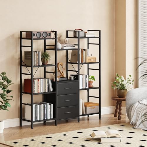 Triple Bookshelf with 3 Fabric Drawers, 4-Tier Book Shelf and 10 Display Shelves, Industrial Large Bookcase for Home & Office, Black, 47'' Wide - Image 6