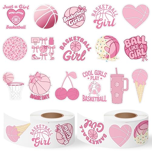 Image of Pink Basketball Stickers Roll - 16 Design Waterproof Vinyl Self-Adhesive Decals for Laptop Water Bottle Scrapbook Notebook Phone Case Skateboard Luggage DIY Craft Party Favors Gift Supplies