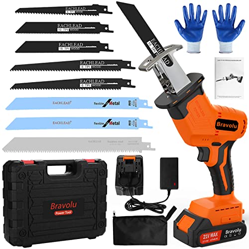Reciprocating Saw, Bravolu 21V Cordless Brushless Reciprocating Saw with 2.0AH Battery and 8 Saw Blades, 0-3500SPM Variable Speed Electric Saw, 22mm Stroke Length, Fast Charger