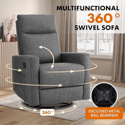 Sweetcrispy Swivel Recliner Chair, Rocking Chair Nursery, Glider Rocker Recliner for Nursery, Glider Nursery Chair for Living Room with Extra Large Footrest, High Back, Upholstered Deep Seat (Grey)